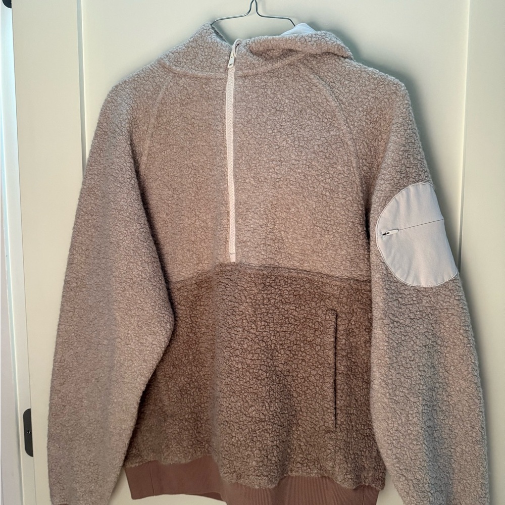 Outdoor Voices Half-Zip Sherpa Hoodie in Taupe and Cream